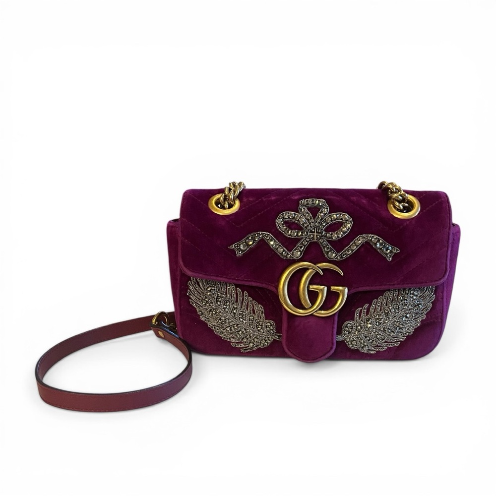 Gucci GG Marmont Velvet Embellished Bag Small | Crystal Bow Feather Rare Runway